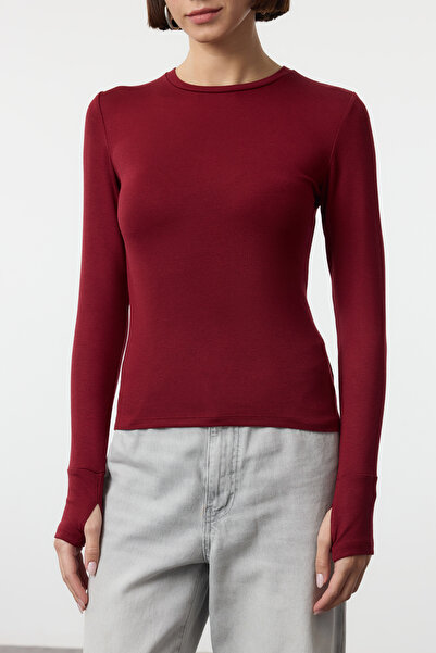 Trendyol Collection Βουργουνδία βισκόζη/μαλακό ύφασμα με λεπτομέρεια με δάχτυλα ελαστική πλεκτή μπλούζα TWOAW25BZ00014