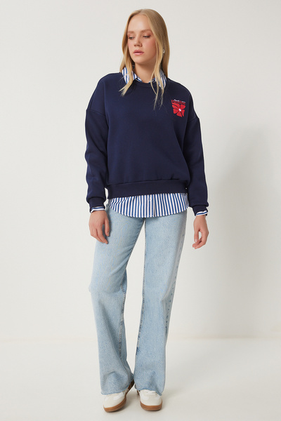 Happiness İstanbul Dámská pletená mikina s potiskem v námořnické modré Bf00099