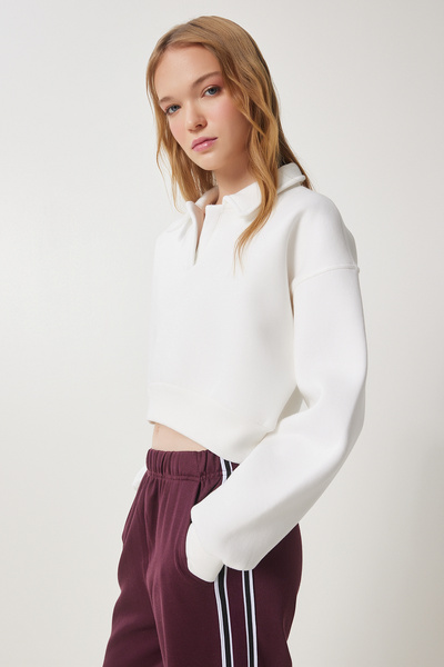 Happiness İstanbul Γυναικείο πλεκτό φούτερ με λαιμόκοψη εκρού πόλο HW00014