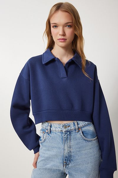 Happiness İstanbul Marineblaues, geripptes Crop-Strick-Sweatshirt mit Polokragen für Damen HW00014