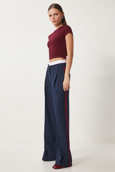 Happiness İstanbul Marineblaue, kontrastierende, taillierte, gestreifte, gewebte Damenhose HL00006