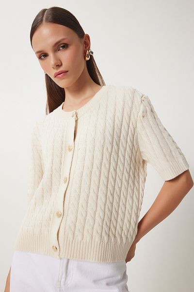 Happiness İstanbul Women's Cream Crew Neck Hair Braided Knitwear Cardigan Us00946