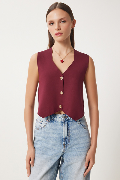Happiness İstanbul Women's Burgundy V-Neck Stylish Buttoned Knitwear Vest Pf00100