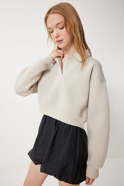 Happiness İstanbul Dámská béžová pletená mikina Polo Neck Raised Crop Hw00014