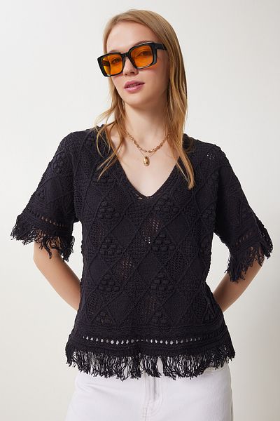 Happiness İstanbul Women's Black V-Neck Openwork Seasonal Knitwear Blouse Cv00039