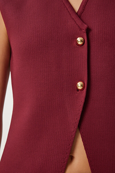 Happiness İstanbul Women's Burgundy V-Neck Stylish Buttoned Knitwear Vest Us00943