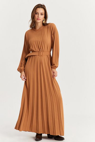 Cool & Modest Γυναικείο φόρεμα Camel Belted Plili Maxi ALZ500