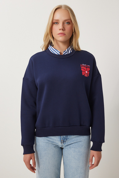 Happiness İstanbul Dámská pletená mikina s potiskem v námořnické modré Bf00099
