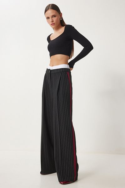 Happiness İstanbul Schwarze, kontrastierende, taillierte, gestreifte, gewebte Damenhose HL00006