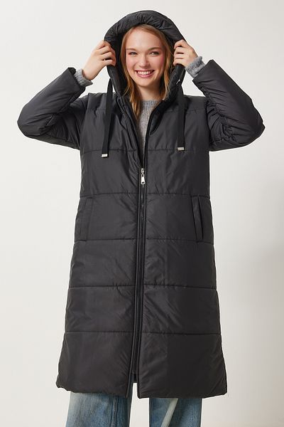 Happiness İstanbul Langer, schwarzer Puffermantel mit Kapuze für Damen DD01006