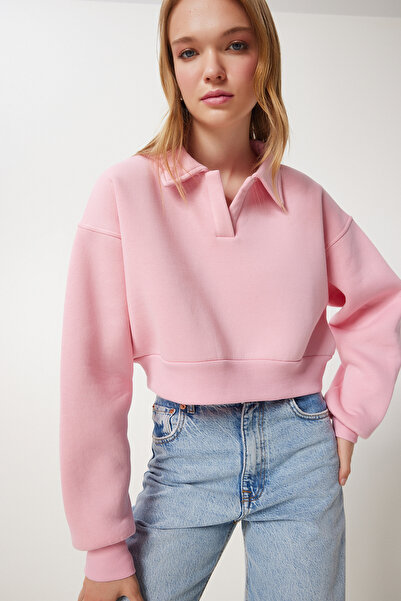 Happiness İstanbul Γυναικείο πλεκτό φούτερ με ροζ πόλο λαιμόκοψη HW00014