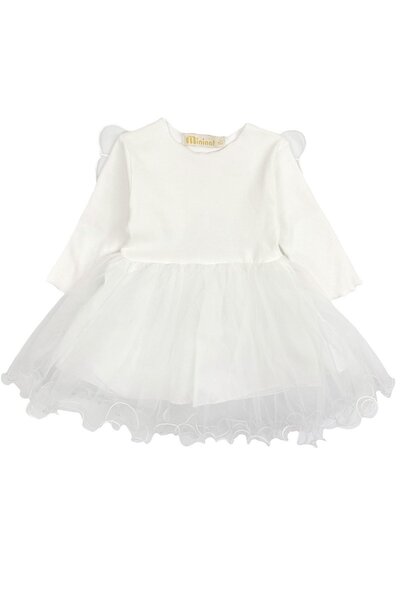 Mininaf Kanatlı Uzun Kollu Party Bebek Elbise Beyaz