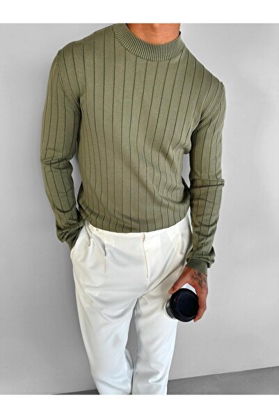 ablukaonline Khaki Men's Knitwear Sweater - Striped and Round Neck