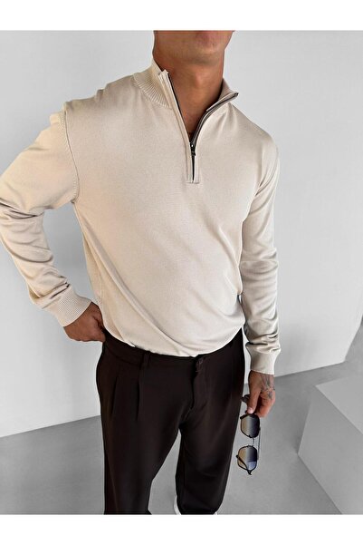ablukaonline Μπεζ ανδρικό πουλόβερ με λαιμόκοψη - με μισό φερμουάρ