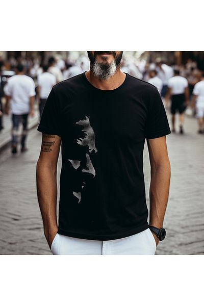 Crea Eymer Wear Tricou negru cu siluetă Atatürk ascuțită cu design personalizat, cu gât turnu, 100% bumbac