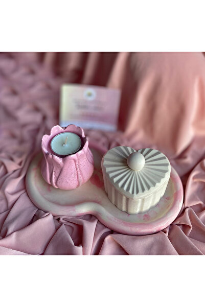Handmade Dekoratif Simli Pembe Lale Mumluk - Mermer Sunumluk - Dekoratif Kalp...