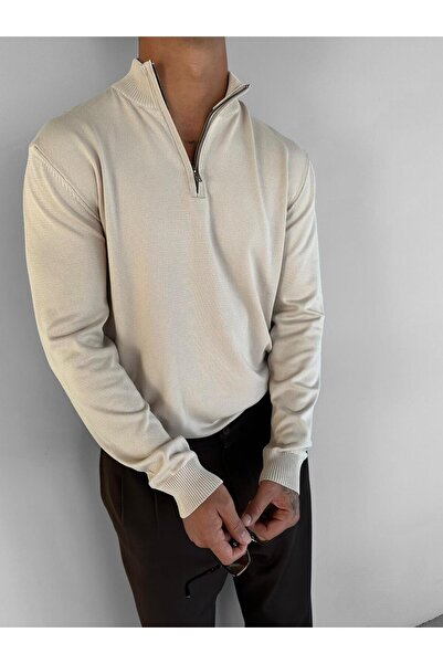 ablukaonline Μπεζ ανδρικό πουλόβερ με λαιμόκοψη - με μισό φερμουάρ