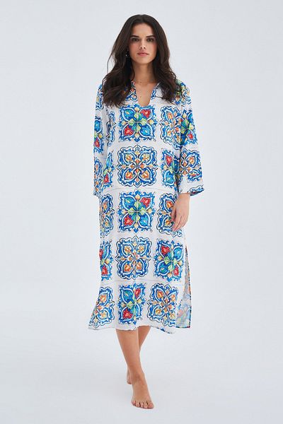 Peraluna Satin Women's Caftan - Tile Pattern, 123 cm Deep Slit, Multicolor