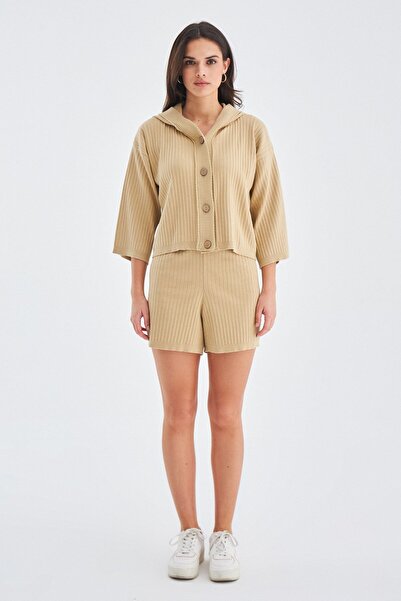 Peraluna Mujo Cardıgan & Shorts %100 Pamuk Kadın Triko Şort Takım - Bej