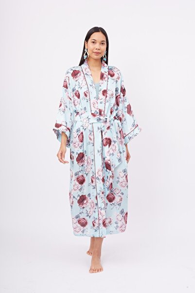 Peraluna Rosemary Long Kımono Baskılı Saten Kadın Uzun Kimono - Turkuaz