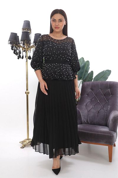 MİSS DİAMOND Short Balloon Sleeve Lace Collar Stone Detailed Black Evening Dress