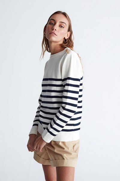 Peraluna Pulover Styleboom X Bardot, cu dungi, cu nasturi, bumbac organic, sezonier, tricotaje pentru femei