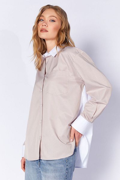 Manche Long Sleeve Oversize Striped Shirt with Collar Cuff and Back Detail |   Stone Mks 169143 -01
