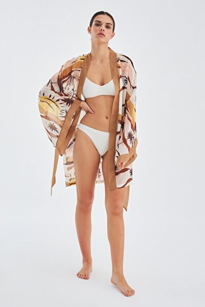 Peraluna Sahra Kimono Sun Patterned 90 cm Chiffon Summer Women's Kimono - Brown/Beige
