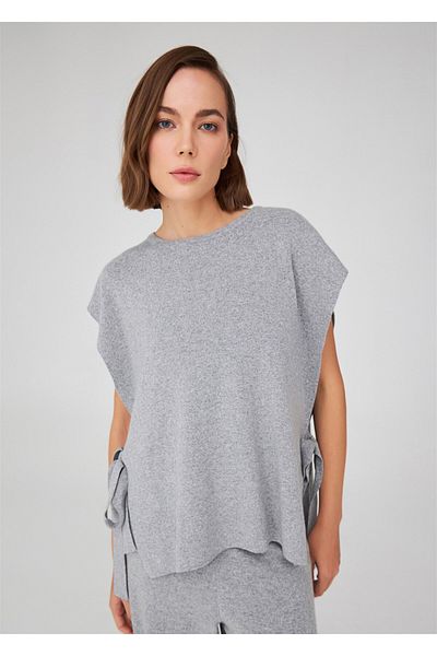 Peraluna Gray Melange Cashmere Blend - Loose Cut Women's Knitwear Poncho with Side Laces