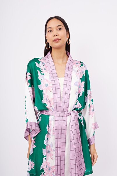 Peraluna Lılac Charm Short Kımono Baskılı Saten Kadın Kısa Kimono - Yeşil/pembe