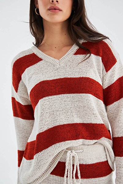 Peraluna Sıena Blouse & Shorts Çizgili Uzun Kollu Kadın Triko Şort Takım - Kremit/taş