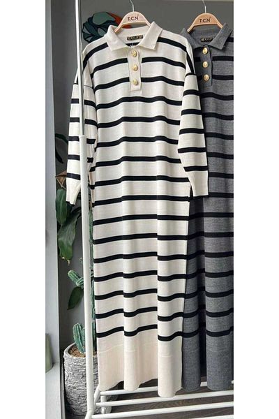 Butik Şenel Black and White Striped Long Knitwear Dress