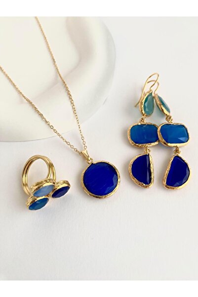 ı feel free more then ever that moment Özel Tasarım Kedi Gözü Taşlı Yuvarlak Uçlu Kolye - Koyu Mavi