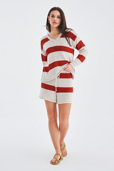 Peraluna Sıena Blouse & Shorts Striped Long Sleeve Women's Knitwear Shorts Set - Cream/Stone