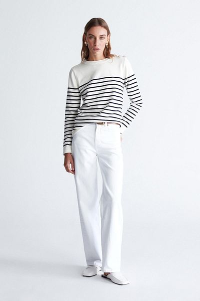 Peraluna Pulover Styleboom X Audrey, cu umeri, cu dungi, bumbac organic, sezonier, tricotaje pentru femei
