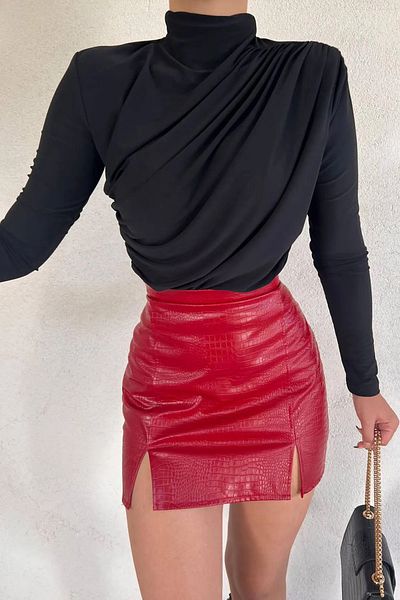 Cistern İstanbul Women's Black Draped Stand Collar Blouse