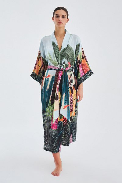 Peraluna Kauri Tropical Patterned Ankle-Length Satin Women's Kimono - Multicolor