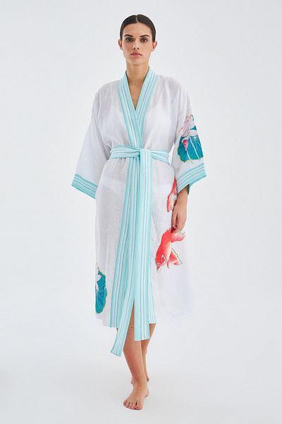 Peraluna Lotus Fish Appliqued Linen Blended Women's Knee-Length Kimono - White