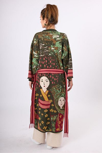 Peraluna Magic Moments Jacquard Women's Long Knitwear Kimono - Dark Green Multi