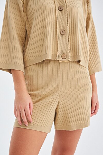 Peraluna Mujo Cardıgan & Shorts %100 Pamuk Kadın Triko Şort Takım - Bej