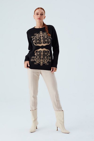 Peraluna Pulover de damă lung din lână Jacquard Pulover - negru