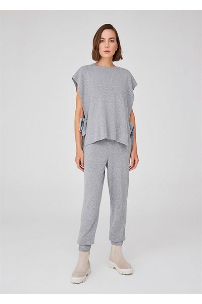 Peraluna Gray Melange Cashmere Blend - Loose Cut Women's Knitwear Poncho with Side Laces
