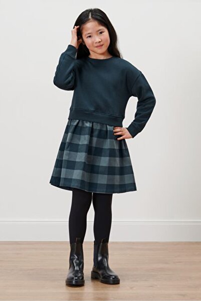 Tchibo Kids Girl Long Sleeve Checkered Sweater Dress, Dark Navy