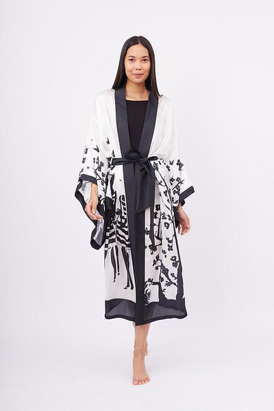 Peraluna Beach Girls Long Kimono Printed Satin Women's Long Kimono - Black/White
