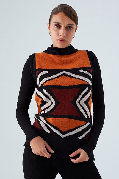 Peraluna Pulovere de damă cu model jacquard etnic Kenda Vest cu fante pe laterale - Multi