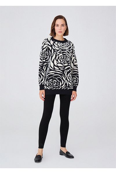 Peraluna Rose Patterned Jacquard Loose Cut Women's Knitwear Tunic - Black/Cream