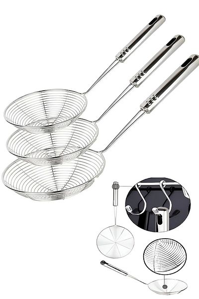 Maridet Steel Colander Strainer Set Potato Vegetable Oil Fry Colander Wire Ladle 3-Piece Serving Set Steel Colander