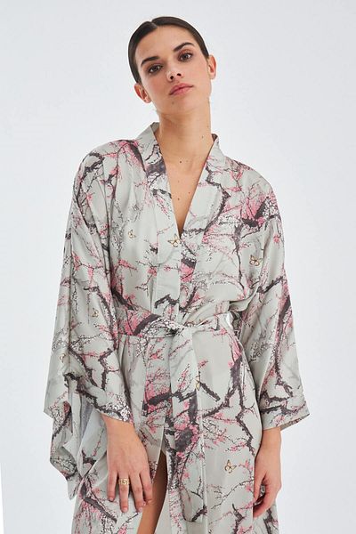 Peraluna Bolossom Kimono Floral Patterned 120 cm Satin Summer Women's Kimono - Dark Stone/Pink