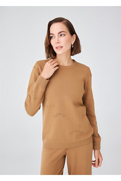 Peraluna Πλεκτό πουλόβερ Camel Cashmere Blended O Neck - ανάγλυφο και διάτρητη λεπτομέρεια