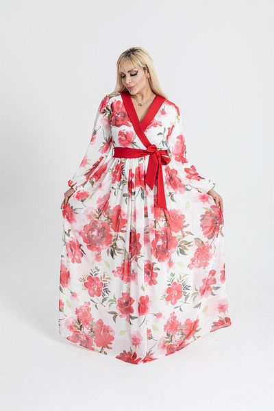 MİSS DİAMOND Long Chiffon Red Dress with Waist Ribbon